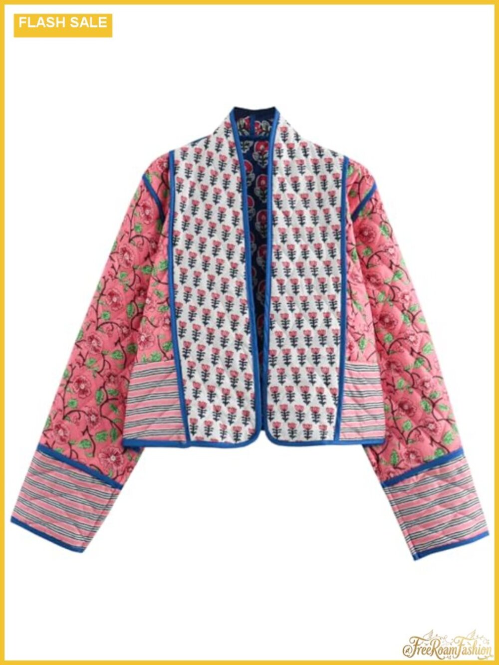Womens Cropped Quilted Puffer Jacket Floral Open Front Long Sleeve Lightweight